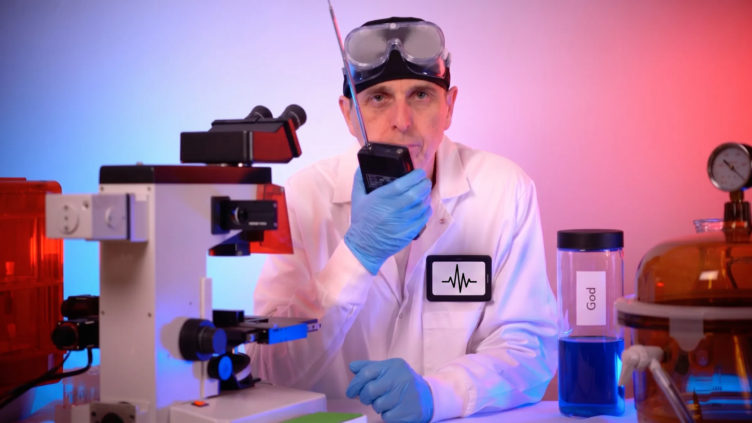 The Chief Signal Surgeon on the walkie-talkie, wearing the clinic signal-waveform badge